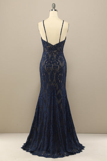Navy Mermaid Lace Long Prom Dress